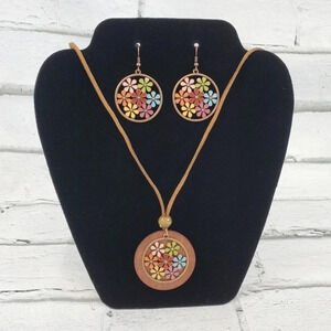 Metal and Wood Flower Earring and Necklace Set